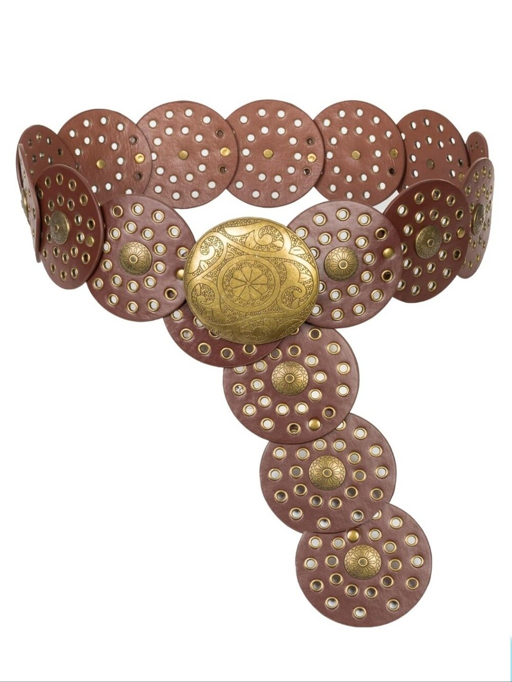 New Boho Brown Faux Leather Circular Disc Statement Belt with Brass Tone Buckle